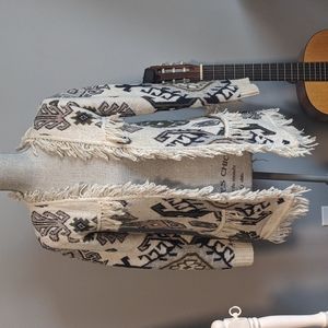 Chaser Tapestry Jacquard Fringe Open Long Cardigan